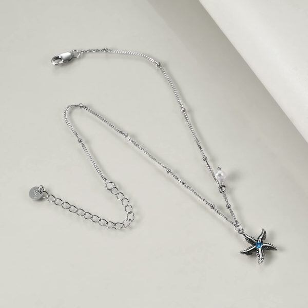 Sterling Silver Pearl and Zircon Silver Plated Boho Style Starfish Adjustable Chain Anklets-2