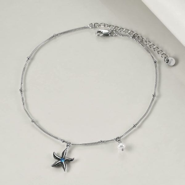 Sterling Silver Pearl and Zircon Silver Plated Boho Style Starfish Adjustable Chain Anklets-3