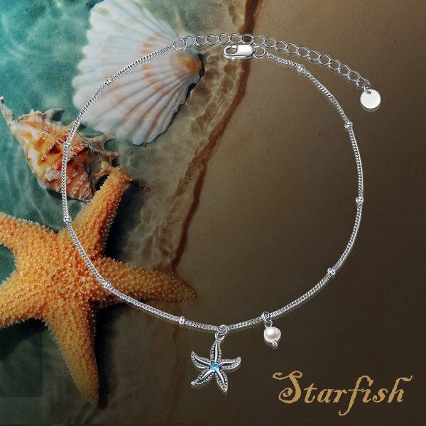 Sterling Silver Pearl and Zircon Silver Plated Boho Style Starfish Adjustable Chain Anklets-5