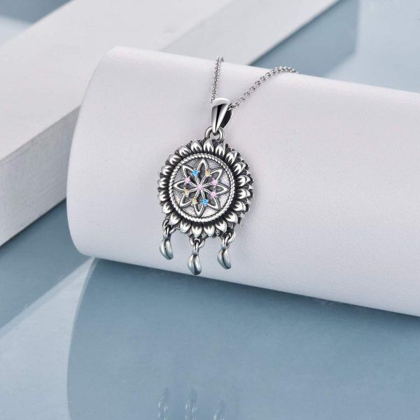 Sterling Silver Zircon Oxidized Dream Catcher Urn Pendent Necklaces-1