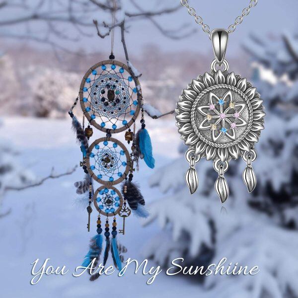 Sterling Silver Zircon Oxidized Dream Catcher Urn Pendent Necklaces-4