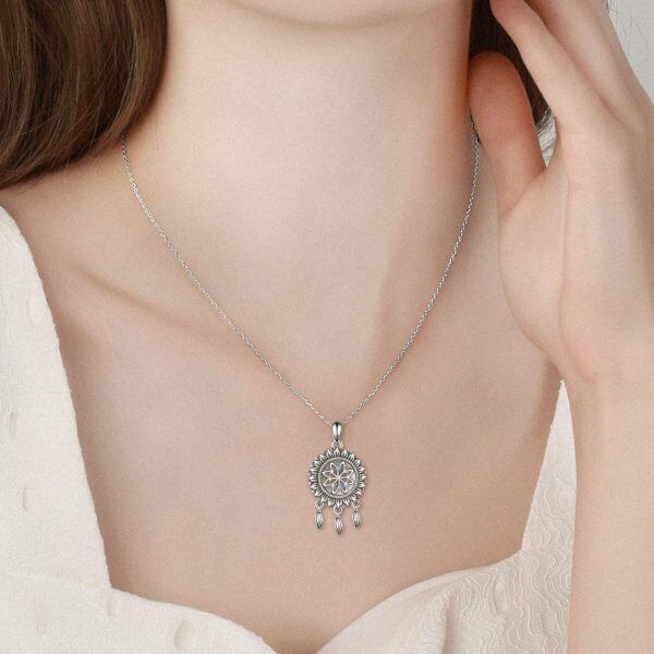 Sterling Silver Zircon Oxidized Dream Catcher Urn Pendent Necklaces-5