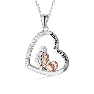 Sterling Silver Zircon Two Tone Color Dog With Girl Always in My Heart Pendent Necklace-0