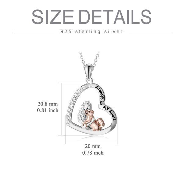 Sterling Silver Zircon Two Tone Color Dog With Girl Always in My Heart Pendent Necklace-2