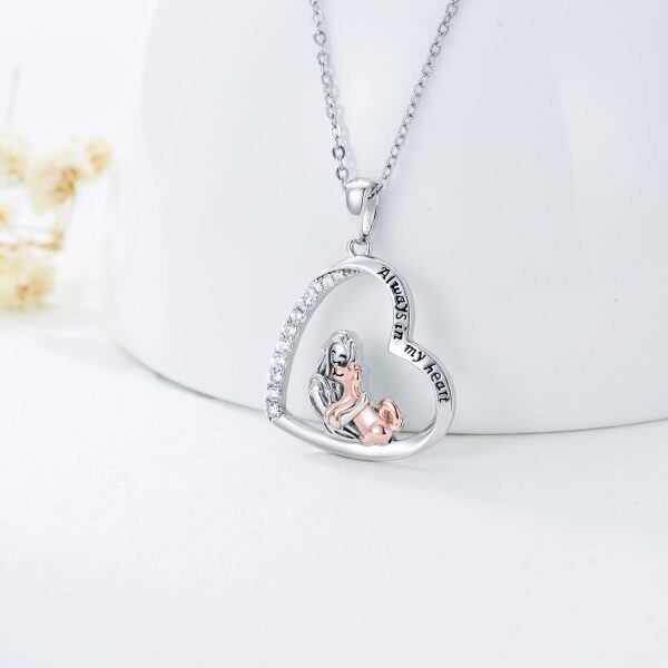 Sterling Silver Zircon Two Tone Color Dog With Girl Always in My Heart Pendent Necklace-3