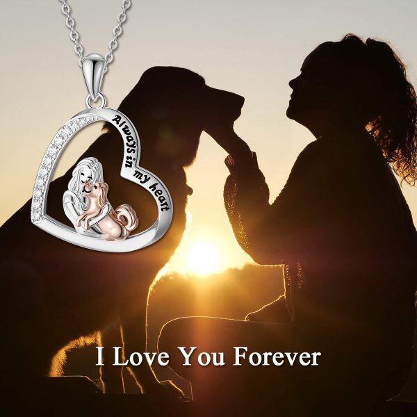 Sterling Silver Zircon Two Tone Color Dog With Girl Always in My Heart Pendent Necklace-4