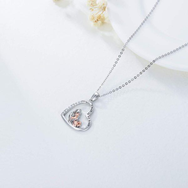 Sterling Silver Zircon Two Tone Color Dog With Girl Always in My Heart Pendent Necklace-5