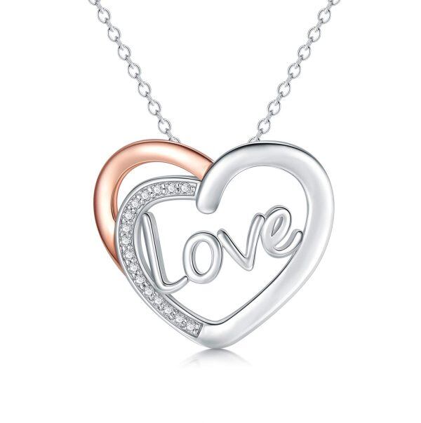 Sterling Silver Zircon Rhodium And Rose Gold Plated Double Heart Necklace-0