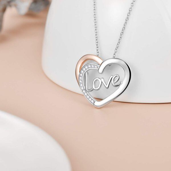 Sterling Silver Zircon Rhodium And Rose Gold Plated Double Heart Necklace-1