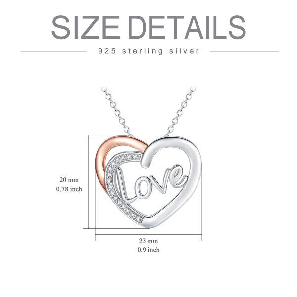 Sterling Silver Zircon Rhodium And Rose Gold Plated Double Heart Necklace-2