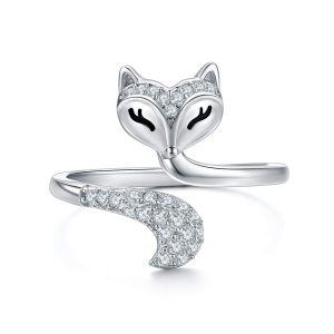 Sterling Silver Zircon Rhodium Plated Fox Rings-0