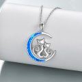 wholesale 925 Sterling Silver Blue Opal Cats in the Moon Pendant Necklace for Women and Girls-0-3