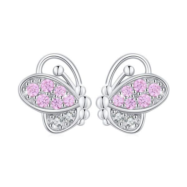 Sterling Silver Zircon Rhodium Plated Butterfly Stud Earrings-0