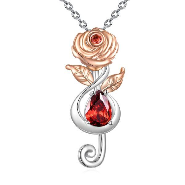 Sterling Silver Zircon Rhodium And Rose Gold Plated Rose Necklace-0