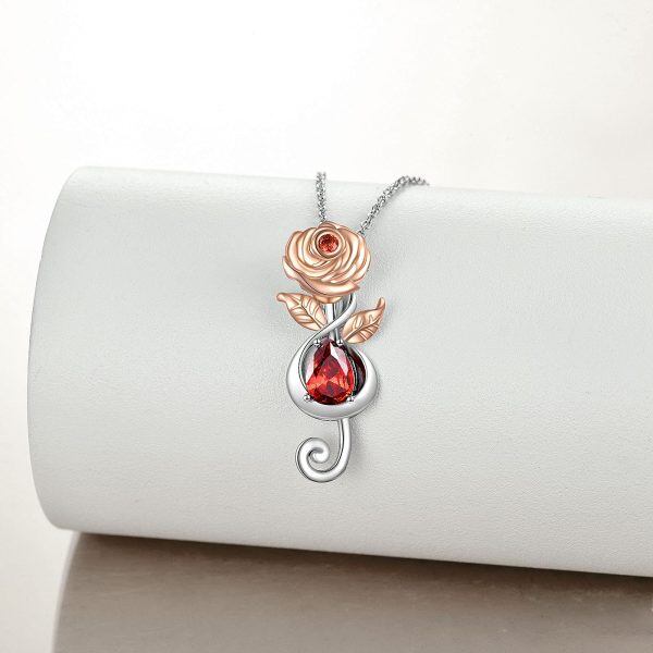 Sterling Silver Zircon Rhodium And Rose Gold Plated Rose Necklace-1