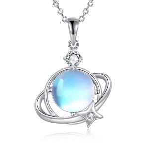 Sterling Silver Moonstone Rhodium Plated Planet Necklace-0