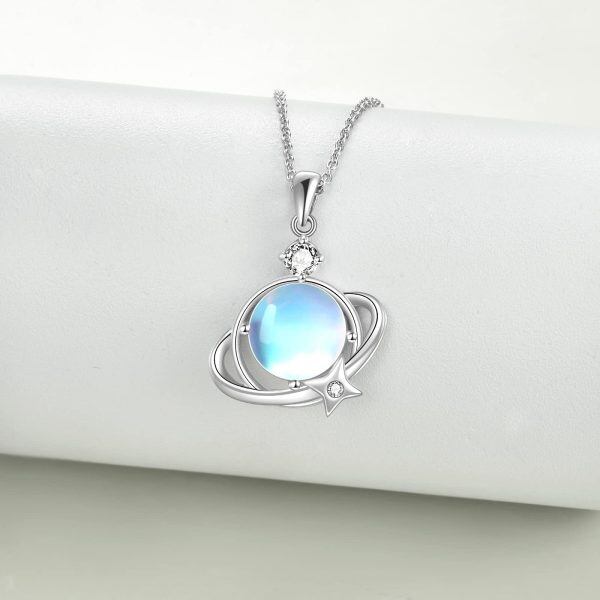 Sterling Silver Moonstone Rhodium Plated Planet Necklace-1