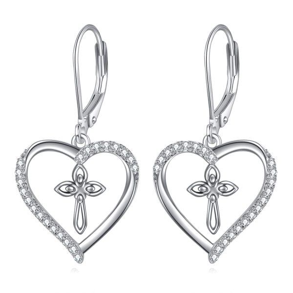 Sterling Silver Zircon Rhodium Plated Cross Earrings-0