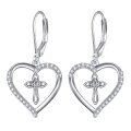 wholesale 925 Sterling Silver Heart with Cross Leverback Dangle Earrings for Women and Girls-0-0
