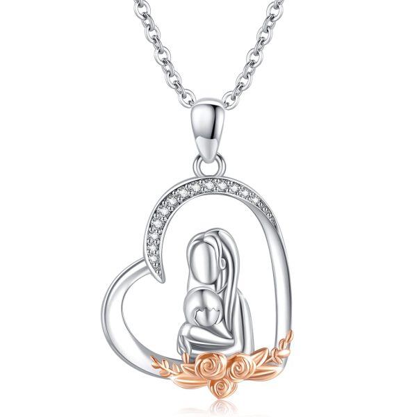 Sterling Silver Zircon Rhodium And Rose Gold Plated Mom And Child Necklace-0