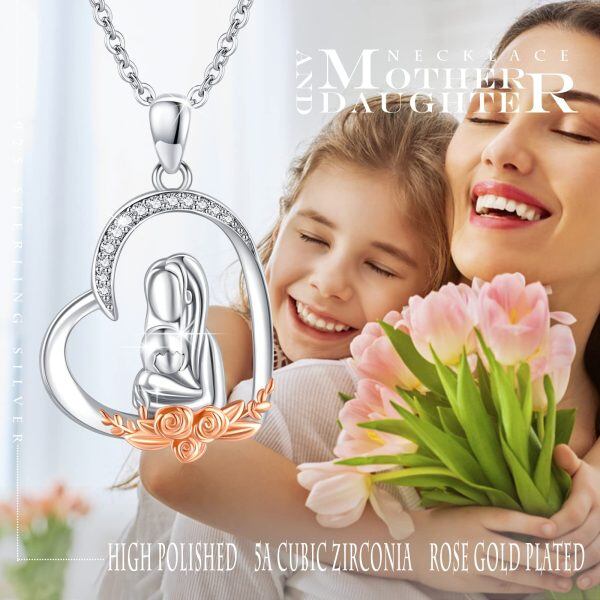 Sterling Silver Zircon Rhodium And Rose Gold Plated Mom And Child Necklace-3