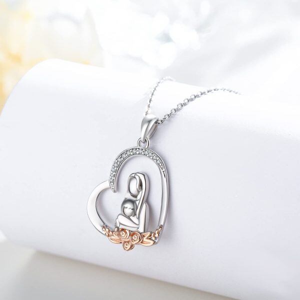 Sterling Silver Zircon Rhodium And Rose Gold Plated Mom And Child Necklace-4