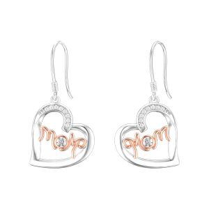 Sterling Silver Zircon Rhodium And Rose Gold Plated Heart Mom Earrings-0