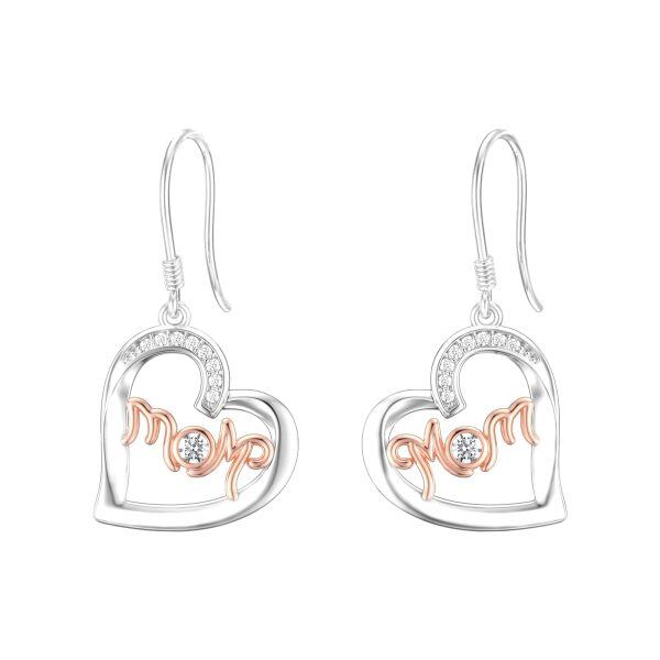 Sterling Silver Zircon Rhodium And Rose Gold Plated Heart Mom Earrings-0