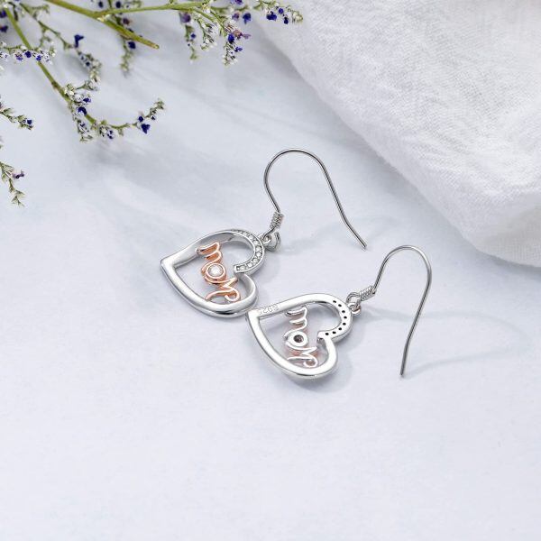 Sterling Silver Zircon Rhodium And Rose Gold Plated Heart Mom Earrings-3