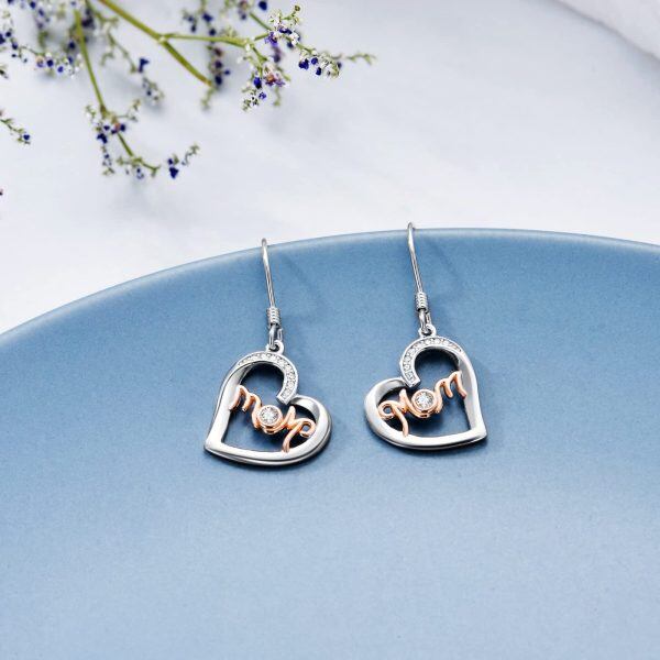 Sterling Silver Zircon Rhodium And Rose Gold Plated Heart Mom Earrings-4