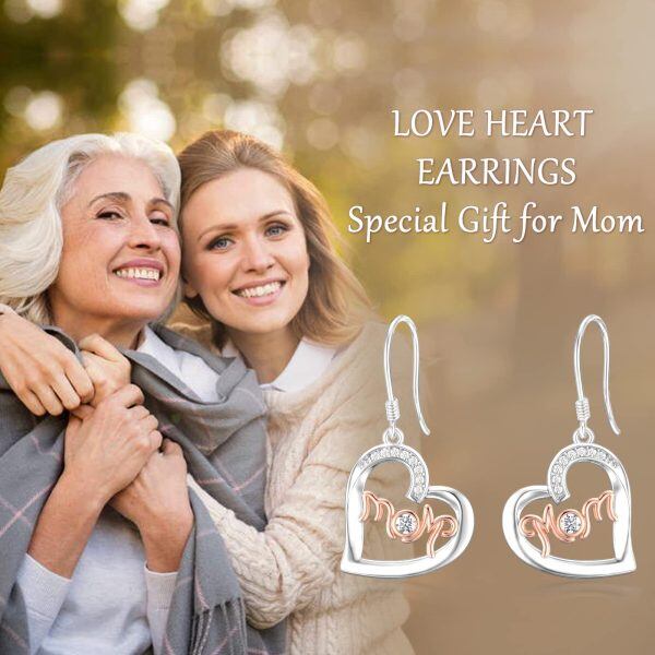 Sterling Silver Zircon Rhodium And Rose Gold Plated Heart Mom Earrings-5