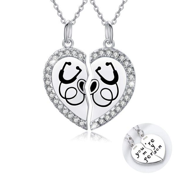 Sterling Silver Zircon Silver Plated Broken Heart Medical Stethoscope Pendant Necklace-0