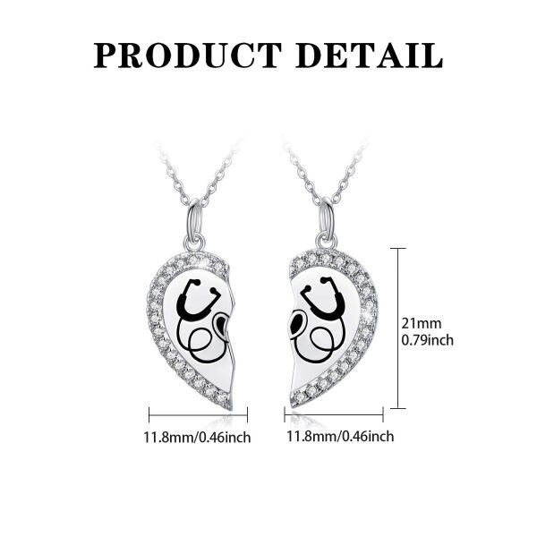 Sterling Silver Zircon Silver Plated Broken Heart Medical Stethoscope Pendant Necklace-1