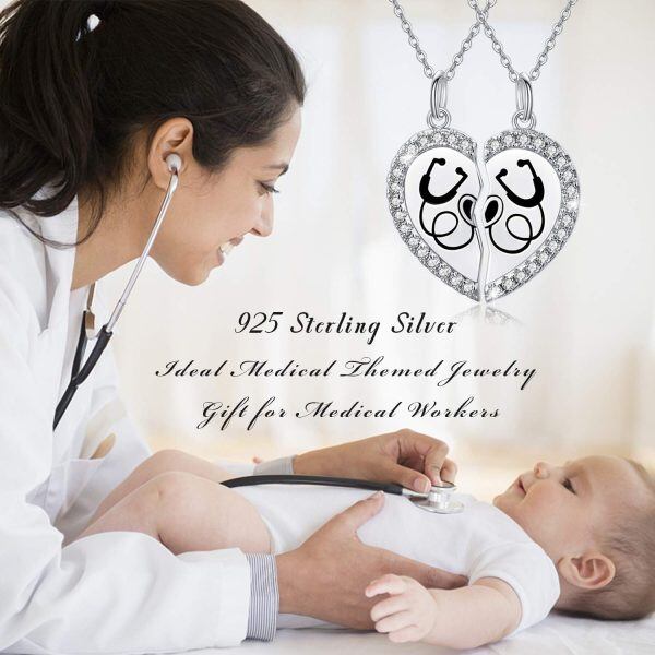 Sterling Silver Zircon Silver Plated Broken Heart Medical Stethoscope Pendant Necklace-4