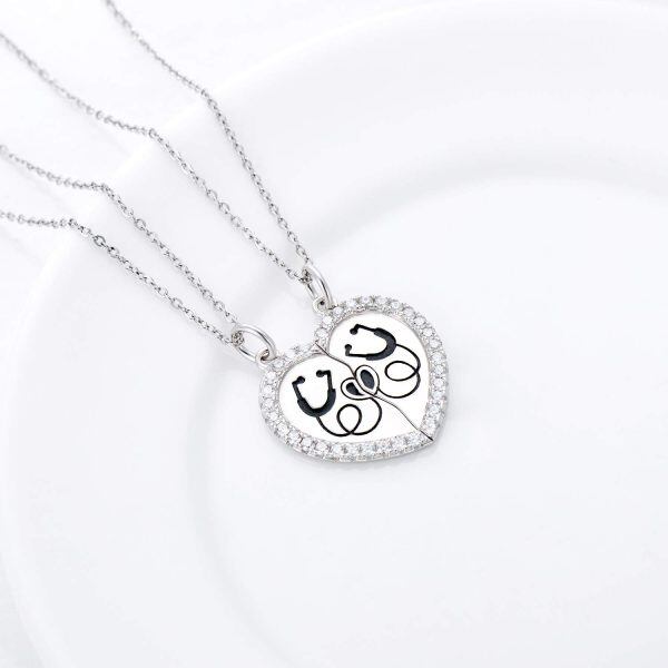 Sterling Silver Zircon Silver Plated Broken Heart Medical Stethoscope Pendant Necklace-5