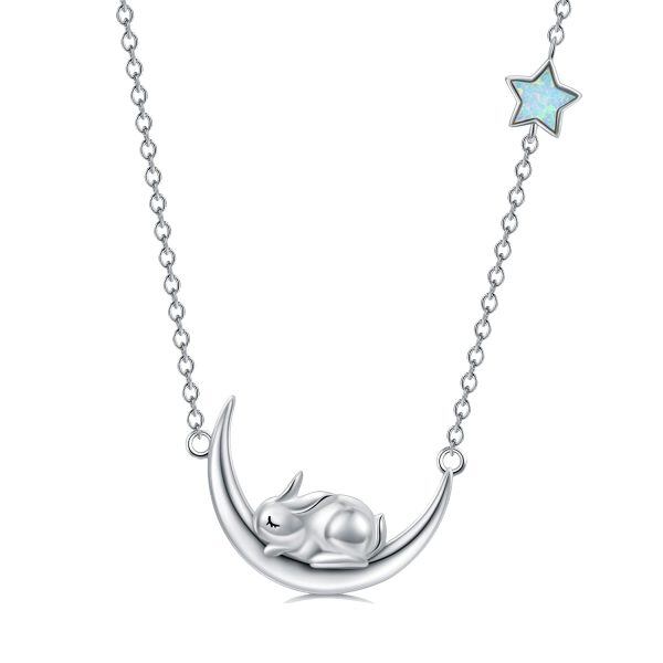 Sterling Silver Opal Silver Plated Moon Bunny Pendent Necklace-0