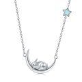 wholesale 925 Sterling Silver Star & Opal Bunny Rabbit on Crescent Moon Pendant Necklace Gift for Women and Girls-0-0