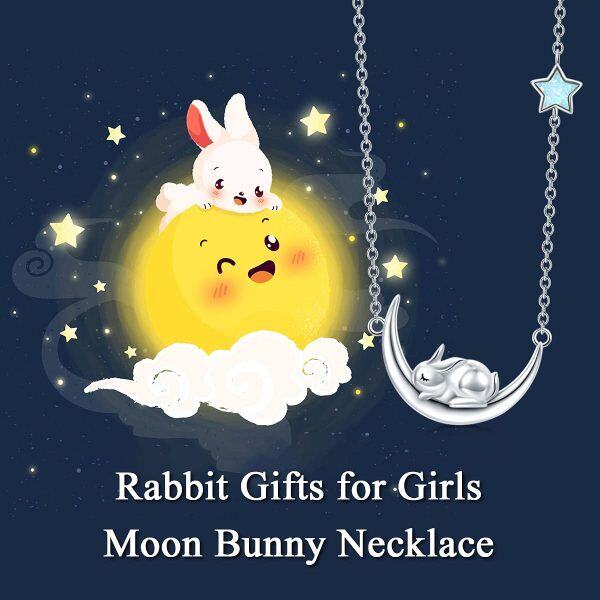 Sterling Silver Opal Silver Plated Moon Bunny Pendent Necklace-1