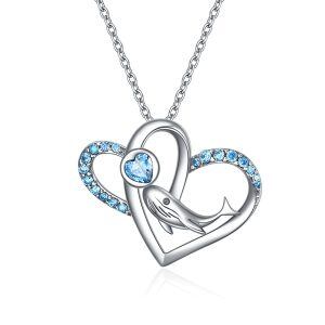 Sterling Silver Crystal Silver Plated Dolphin Heart Pendant Necklace-0