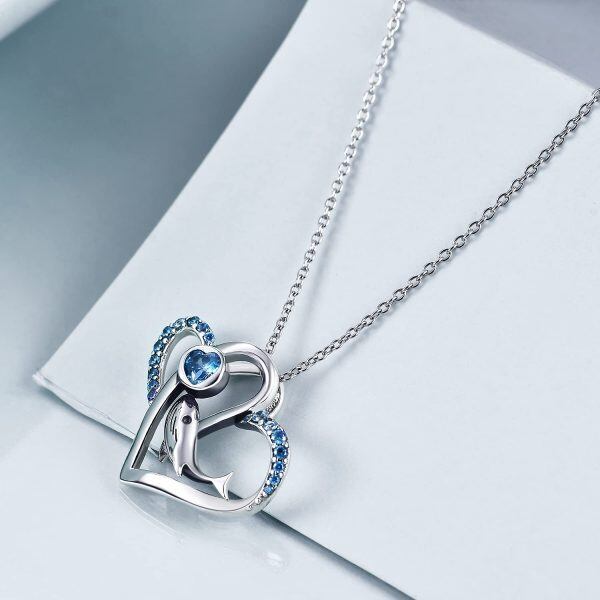 Sterling Silver Crystal Silver Plated Dolphin Heart Pendant Necklace-1