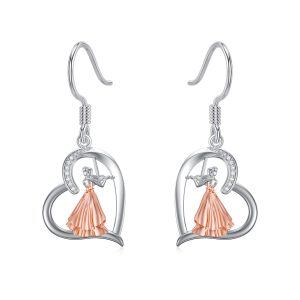 Sterling Silver Zircon Two Tone Color Violinist Dangle and Drop Earrings-0