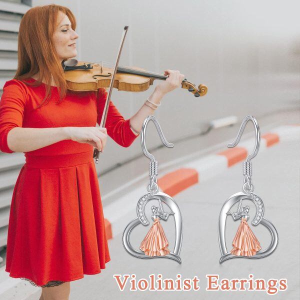 Sterling Silver Zircon Two Tone Color Violinist Dangle and Drop Earrings-3