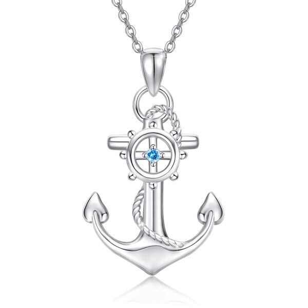 Sterling Silver Zircon Silver Plated Anchor Pendant Necklace-0