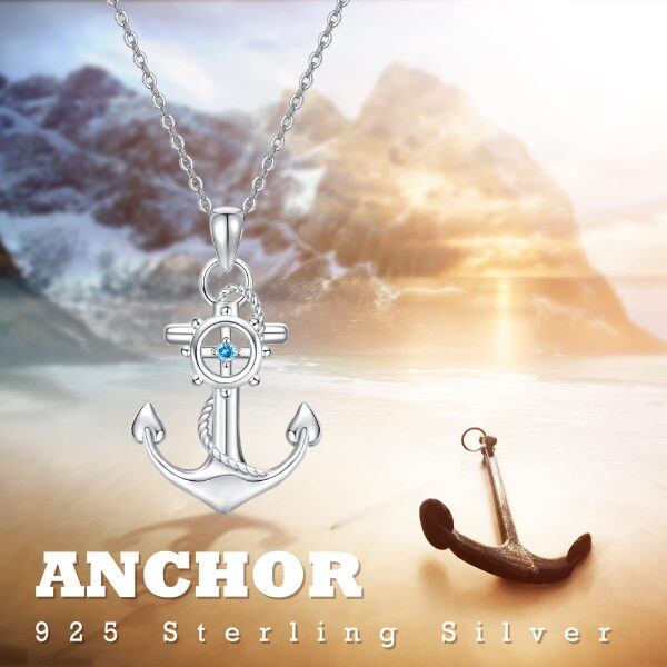 Sterling Silver Zircon Silver Plated Anchor Pendant Necklace-3