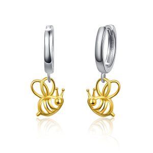 Sterling Silver Gold Plated Bee Dangle Hoop Earrings -0