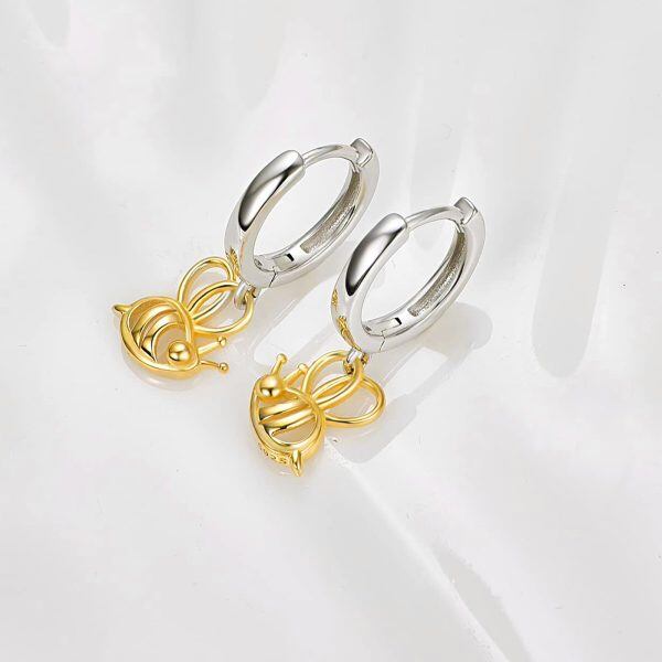 Sterling Silver Gold Plated Bee Dangle Hoop Earrings -1