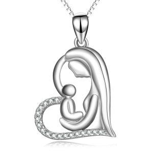 Sterling Silver Zircon Silver Plated Mother with One Child Eternal Love Heart Pendant Necklace-0