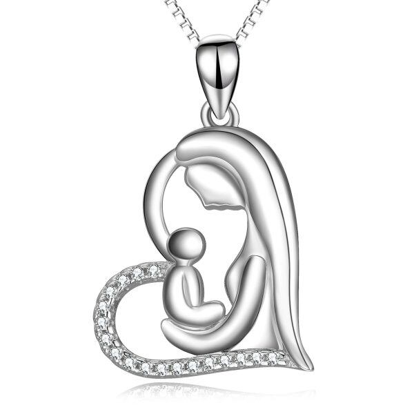 Sterling Silver Zircon Silver Plated Mother with One Child Eternal Love Heart Pendant Necklace-0