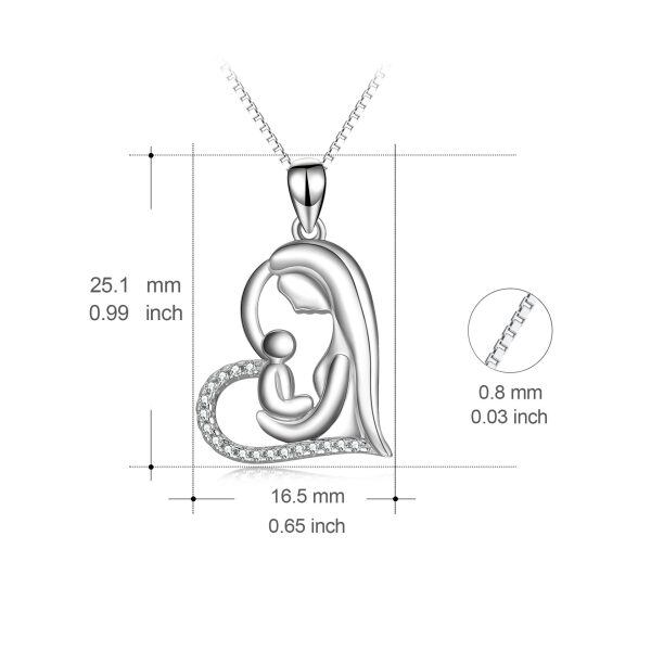 Sterling Silver Zircon Silver Plated Mother with One Child Eternal Love Heart Pendant Necklace-2