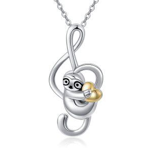 Sterling Silver Two Tone Color Musical Sloth Pendant Necklace -0